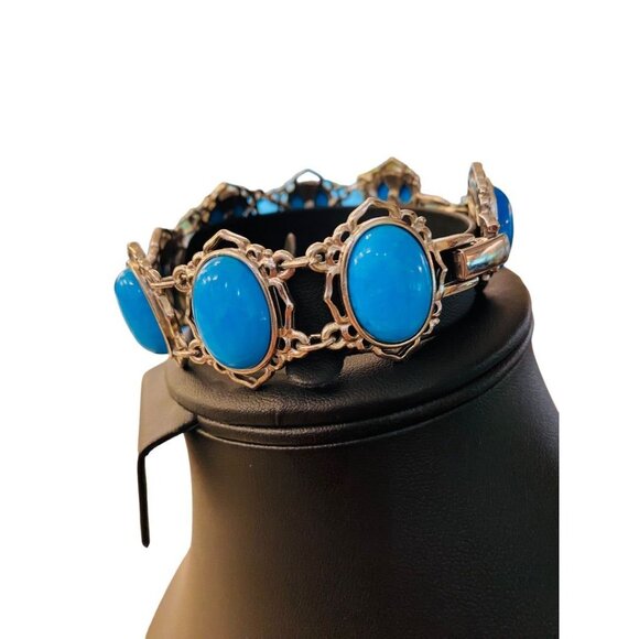 JBK Signed Faux Turquoise Link Bracelet Jacqueline Kennedy 1980s 7-8.2" Adjustab - Picture 4 of 16